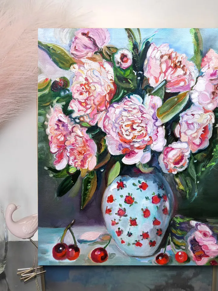 Peonies Art Original Oil Painting 19 by 16 inc.