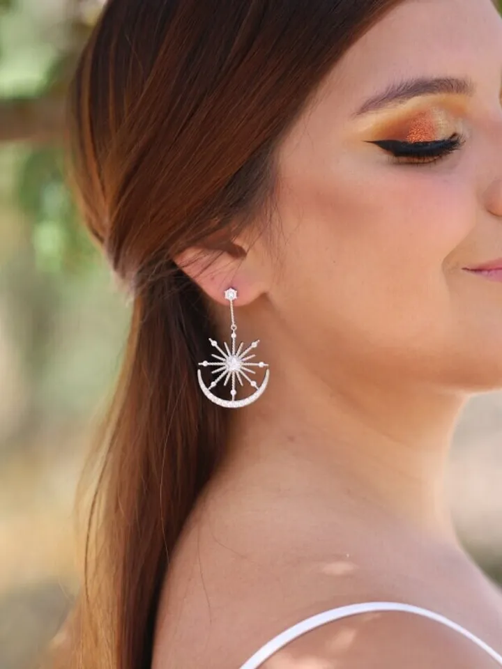 Art deco Big Star Silver Wedding Earrings For Bride , Boho Bridal Earrings, Celestial Statement Earrings, Swarovski Crystal Wedding Jewelry