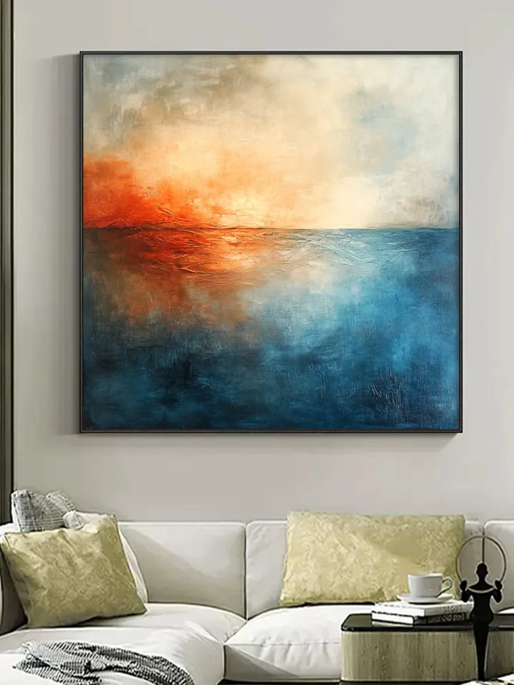 Hand-Painted Abstract Oil Painting | Modern Ocean Sunset Wall Art | Vibrant Orange and Blue Canvas Decor for Living Room and Office