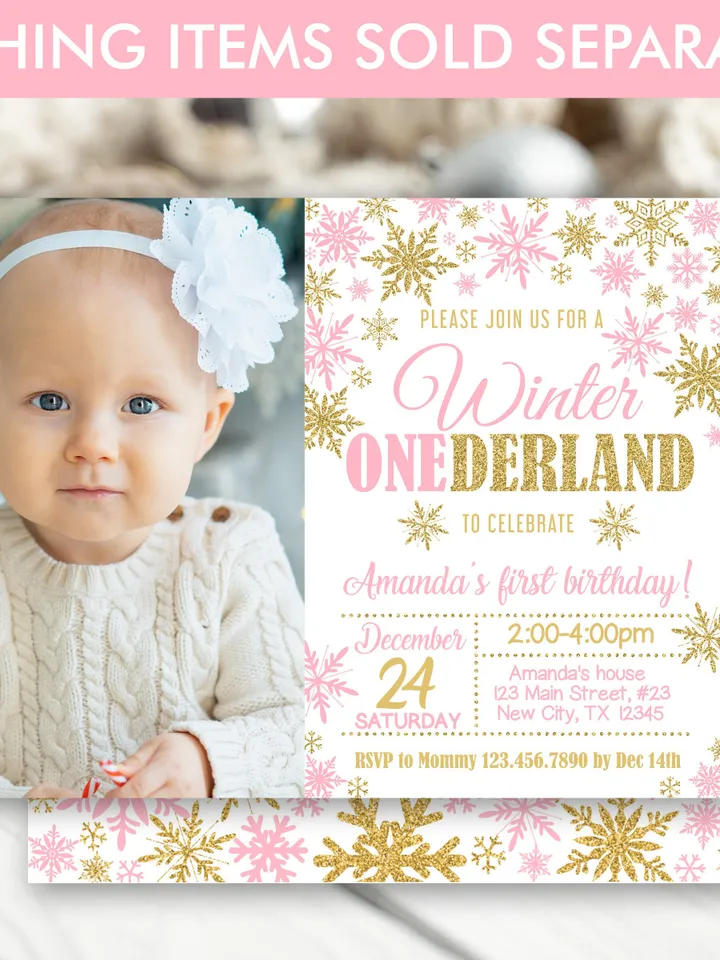 Winter Onederland Invitation Girl 1st Birthday Invitation, Winter Wonderland Birthday Invitation, Pink Gold Snowflake Editable Template