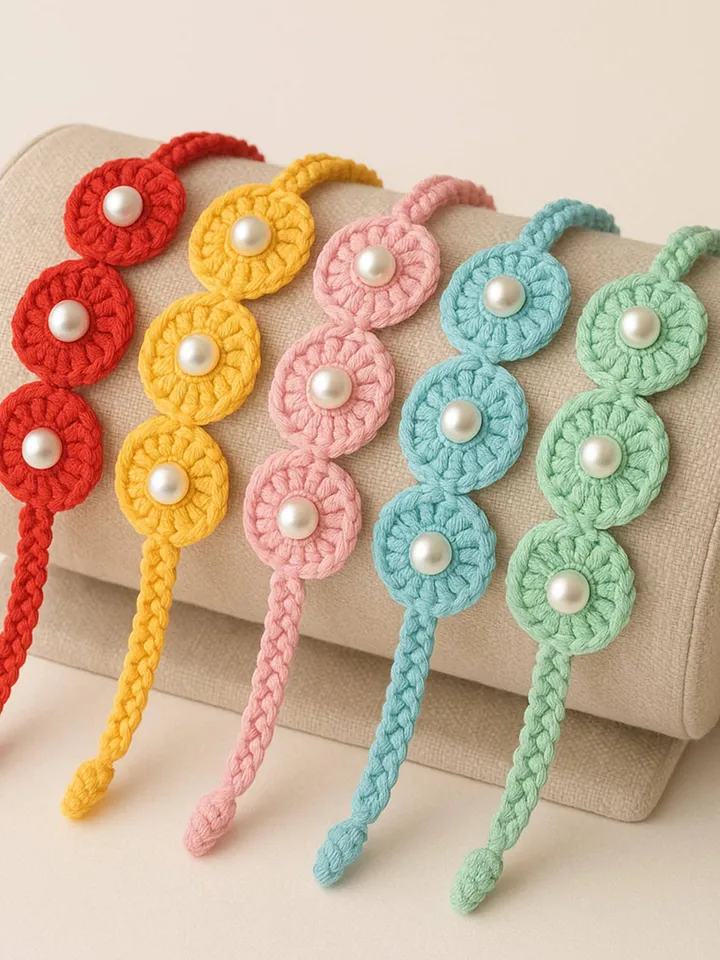 Crochet Flower Bracelet & Hair Tie, Round Boho Style Pearl Beaded Wristband, Handmade Crochet Fashion Jewelry Gift
