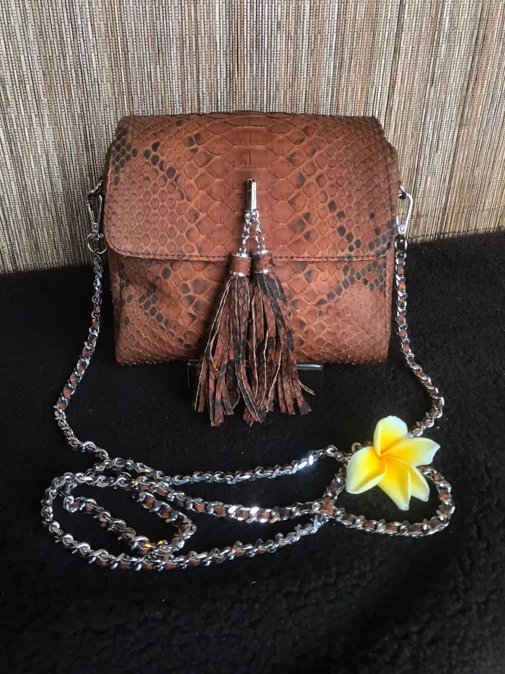 Genuine Python Skin Crossbody Bag | Chain Tassel brown bag | Leather Woman Free Shipping Handmade Summer purse | exotic leather bag