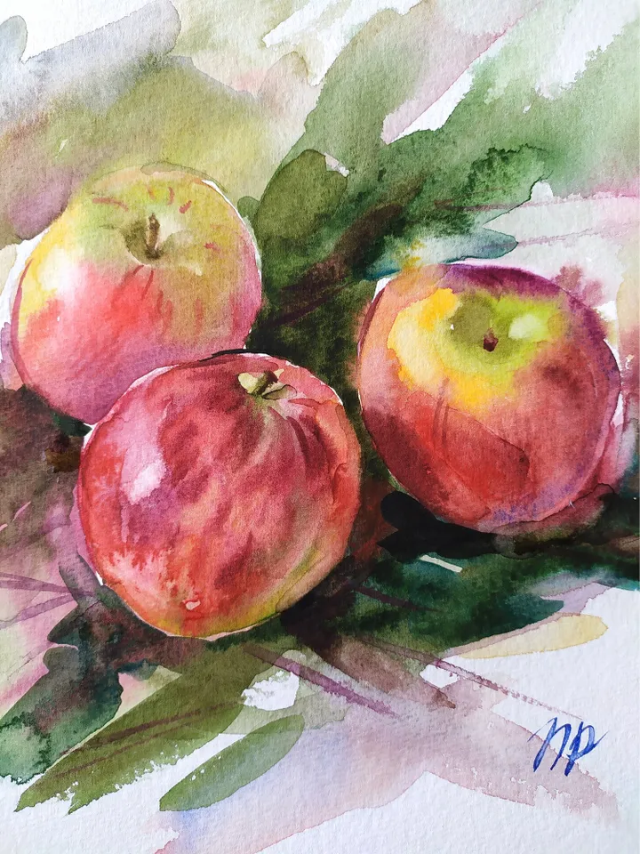 Apple Painting Fruit original art Three Red Apples watercolor wall art Apples artwork by Natalia Plotnikova