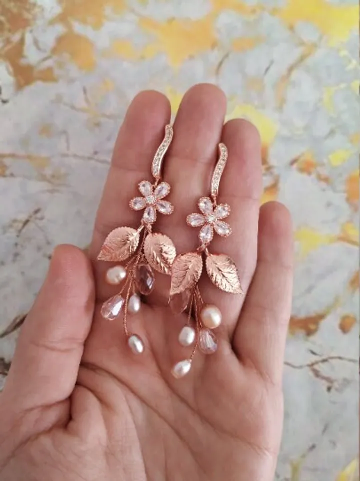Rose Gold Diamond Bridal Earrings | Boho Statement Wedding Earrings | Floral Wedding Jewelry | Bridesmiad Gift | Pearl Bridal Jewelry |