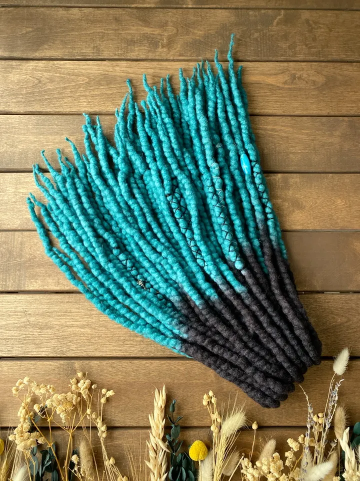 Black and turquoise ombre Wool Double Ended dreadlocks🖤
