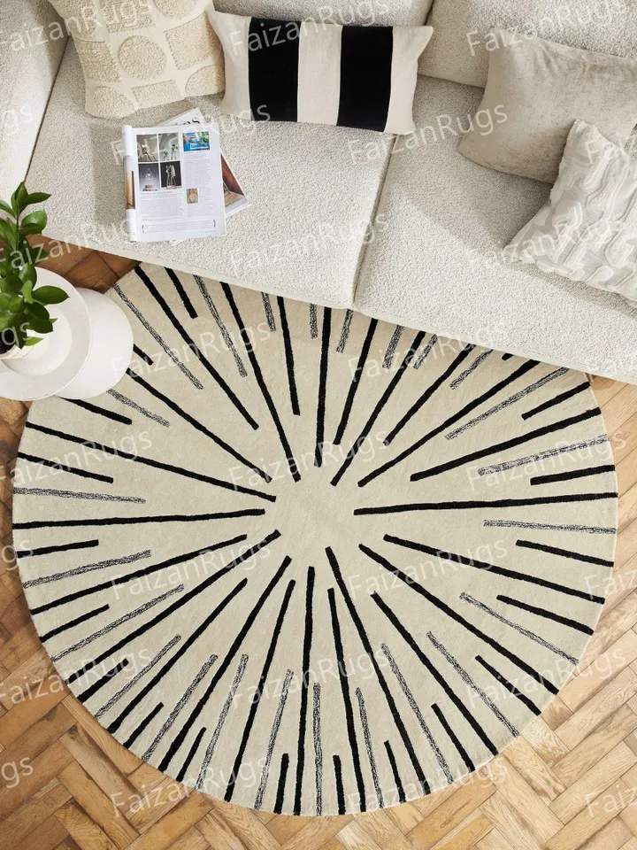 Antique Monochrome Brady Stripe Circle Hand tufted rug 100% wool for kids room, living room, bed room in any size 4x4,5x5,6x6,8x8,9x9,10x10