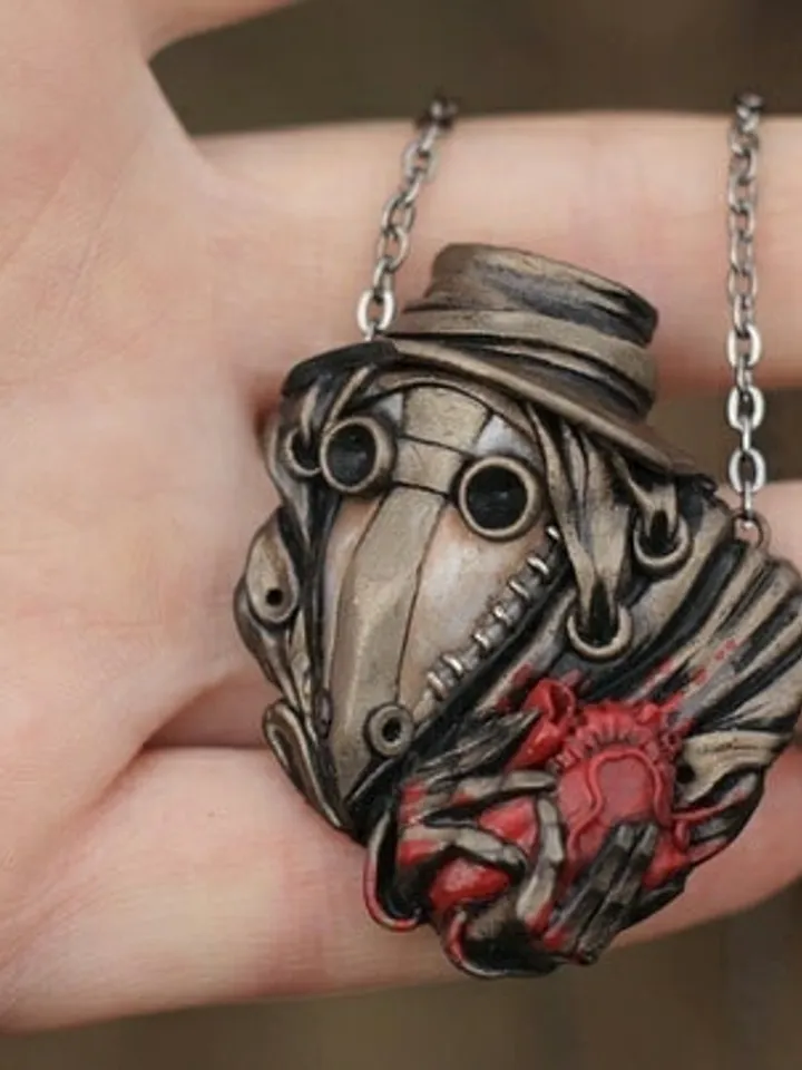 Pens "plague doctor with heart in hand"
