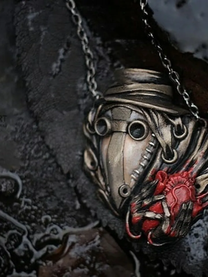 Pens "plague doctor with heart in hand"