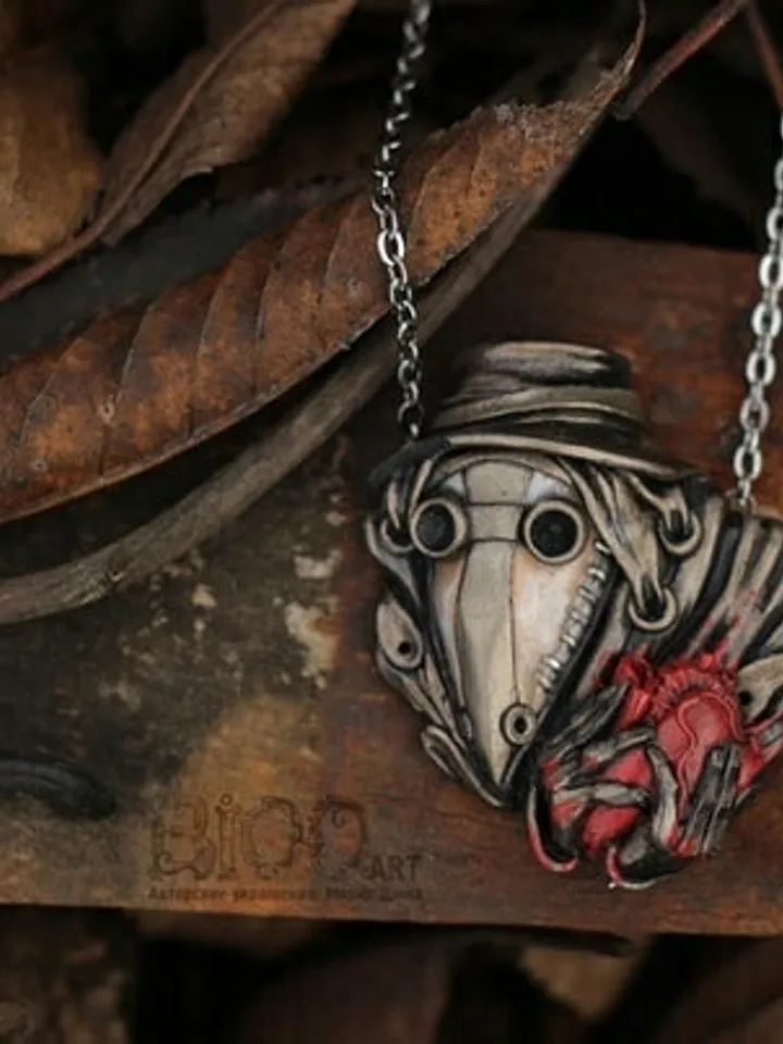 Pens "plague doctor with heart in hand"