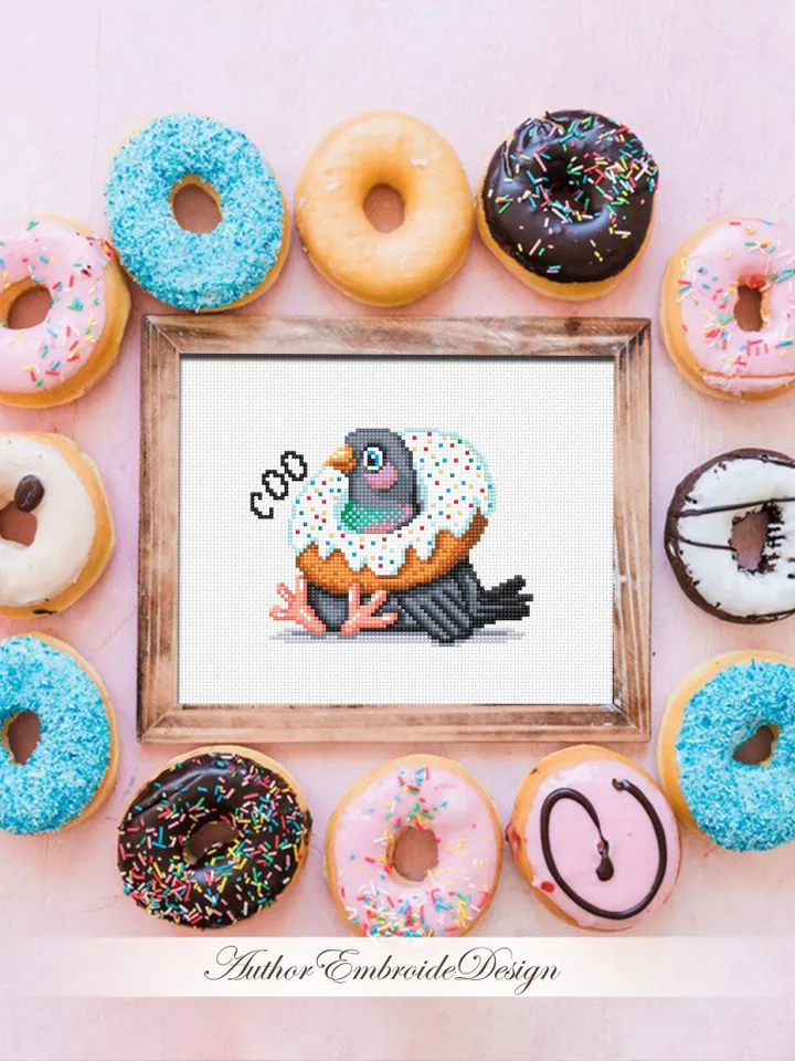 Pigeon with donut cross stitch pattern PDF download Funny bird cross stitch chart, Small pigeon pattern digital PDF, Bird lover gift #K54