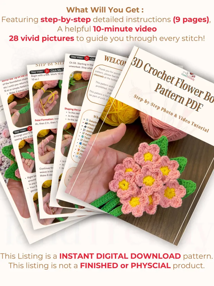 3D Crochet Flower Bouquet Pattern PDF, Realistic Floral Home Decor, Amigurumi Crochet Flowers DIY, Handmade Room Decoration