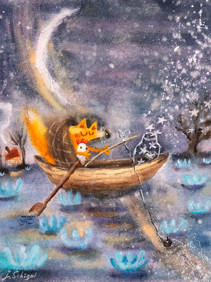 27×34 Artwork by Julia Schigal "The Star Fishing"- watercolor, gouache, pastel