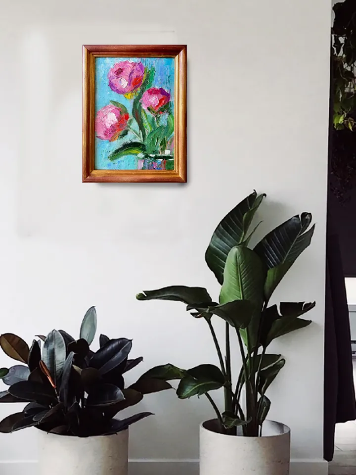 Original oil painting Framed Peony Painting Pink Flower Painting
