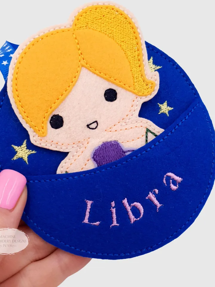 ITH Libra Zodiac Finger Puppet & Bag Embroidery Design, Scales Star Sign Toy, 4x4 Hoop Christmas Ornament File