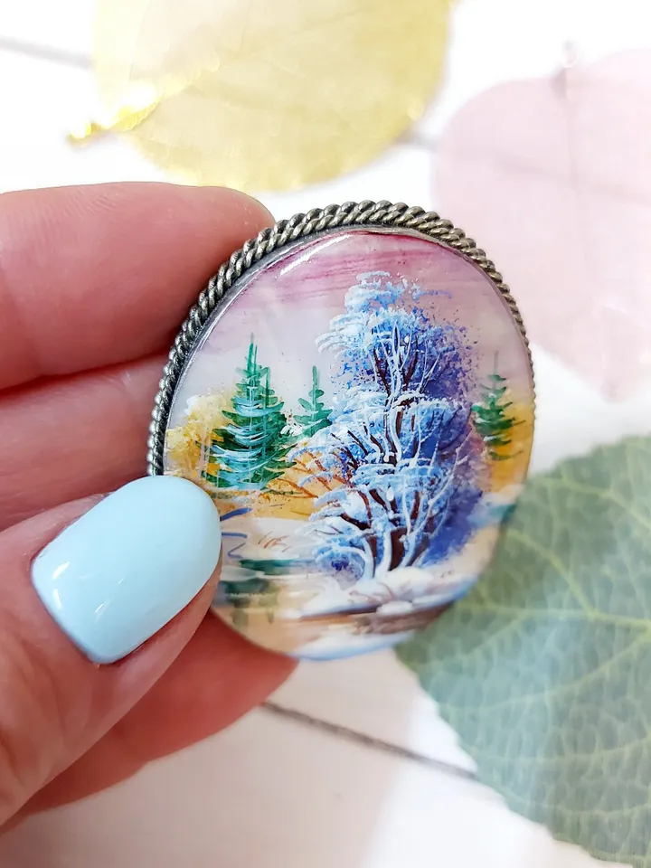 Brooches for women: Lonely solitary tree near snowy river on pearl brooch • aesthetic handmade jewelry • winter cute accessory for girl