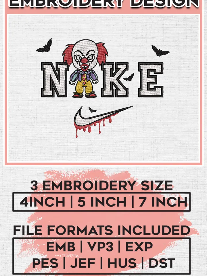 Ni.kee Pennywise Embroidery designs, Horror Character Machine embroidery designs, Halloween embroidery files, Machine Embroidery Digitized Pes Files, Digital Download