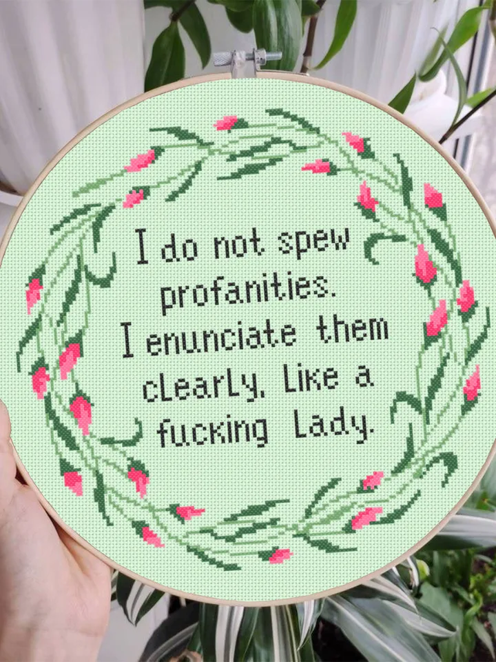 Framed quote cross stitch pattern Like a fucking lady Instant download PDF, Flower wreath cross stitch chart, Funny text cross stitch #Q37