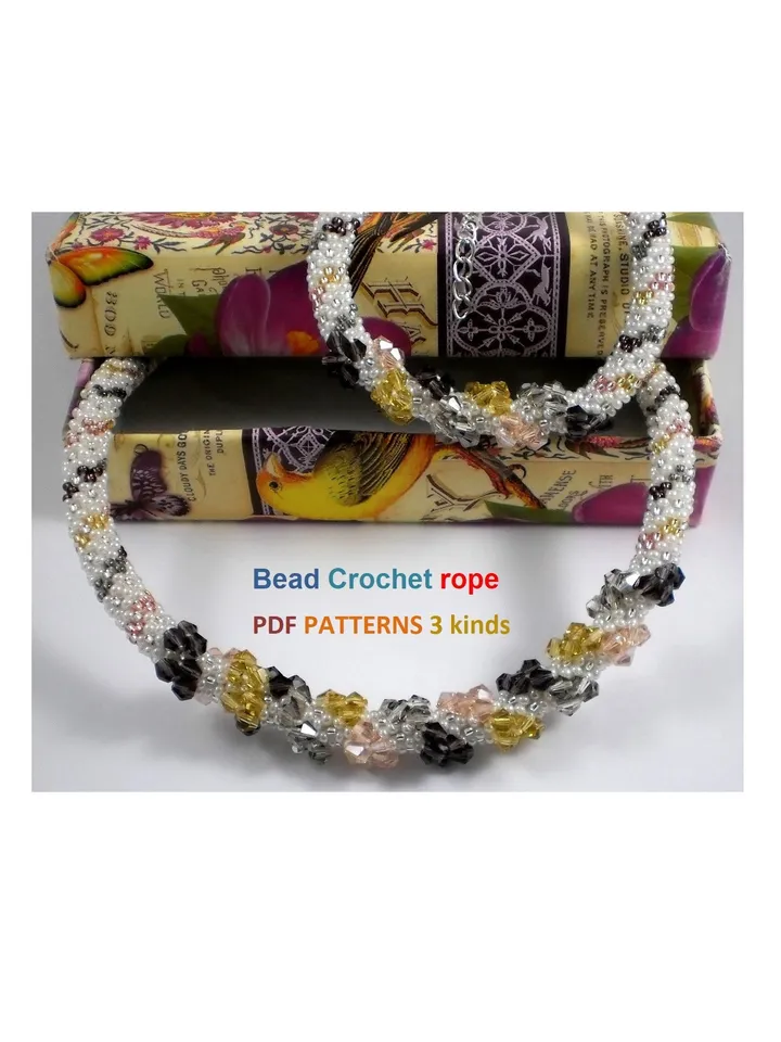 Slim Bead Crochet rope patterns, "Bows" necklace and bracelet, Slip Stitch, 3 Patterns, Instant Download, PDF fail