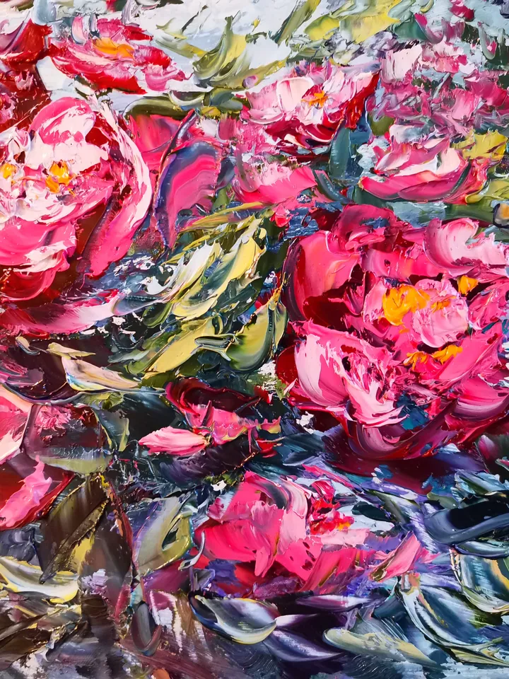 Oil Painting Peony Flowers Bushes Landscape Impasto Original Artist Svinar Oksana
