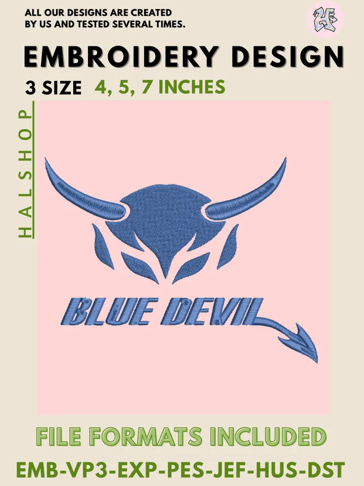 NCAA Duke Blue Devils College Mascot Logo Embroidery Design – Classic Round Pattern, 3 Sizes Machine Embroidery Files, Digital Download