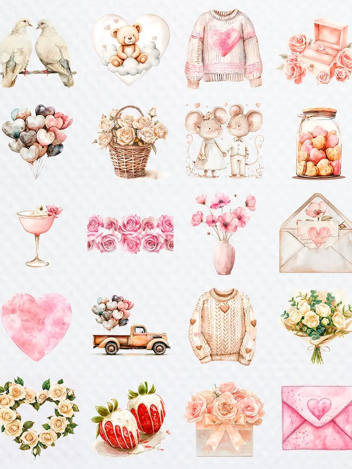 176 Watercolor Valentines Day PNG Bundle, Valentine Teddy Bears, Boho Valentine's Card Making Kit, Love is in the air, Love Day Clipart