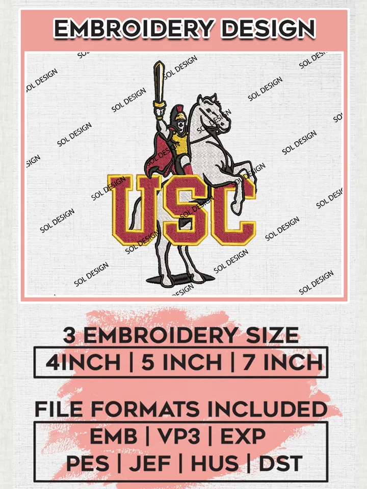 USC Trojans NCAA College Football Team Mascot Logo Embroidery Design Files, NCAA USC Trojans Machine Embroidery, NCAA Teams, 3 sizes, NCAA Machine embroidery designs, Digital Download