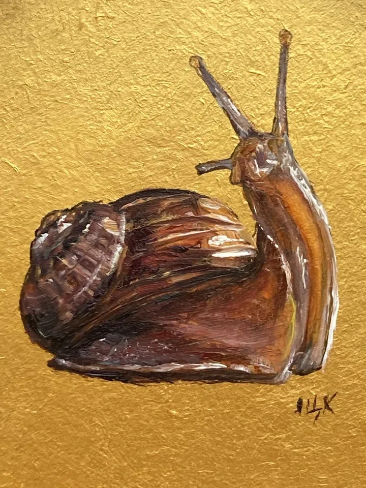 Framed Snail Oil Painting Original Round Art Gold Frame Painting Academia