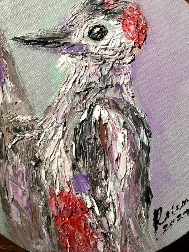 Woodpecker original oil impasto painting on round canvas,birds oil painting,kids or game room decoration,unique gift.