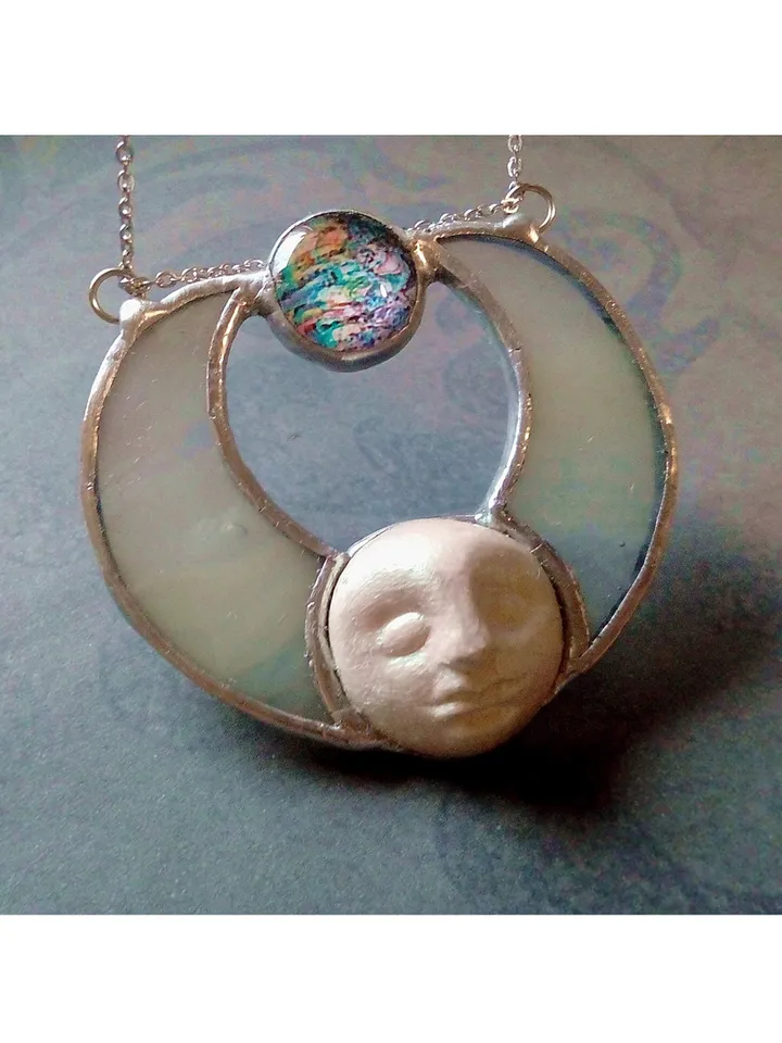 Stained glass moon, Moon Goddess, Moon phase necklace, Stainglass crescent, Full moon pendant, Moon face necklace