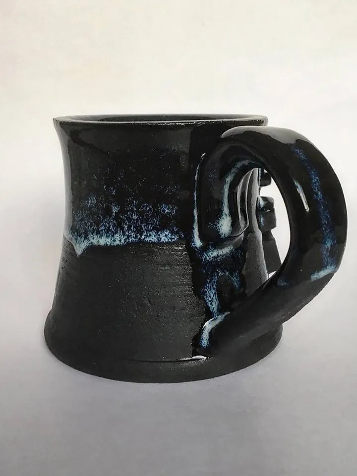 Thor Hammer Mjolnir Huginn and Muninn Black blue glazed dripping stoneware mug