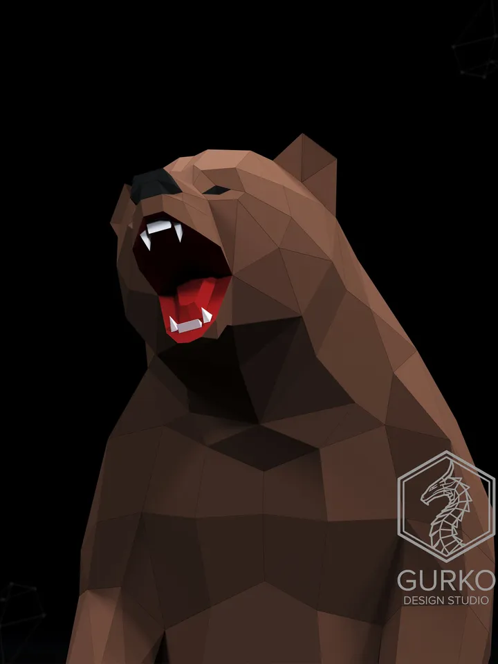 Angry Bear Papercraft, Grizzly, Digital Template, PDF Download, Gurko, 3D Low Poly, Pepakura, Origami Sculpture, Paper Party Decor, DIY Gift
