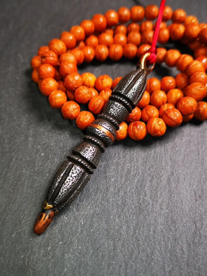 Gandhanra Vintage Tibetan Buddhist Amulet,Nine-pronged Dorje Vajra Pendant,Made of Cold Iron,inlaid Copper Wire,3.5"