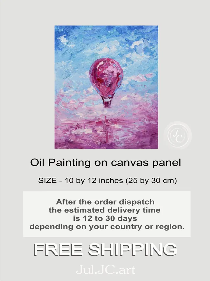 Hot Air Balloon Painting Original Art Pink lake Artwork 10 by 12" Skyscape Oil Painting by Juliya JC
