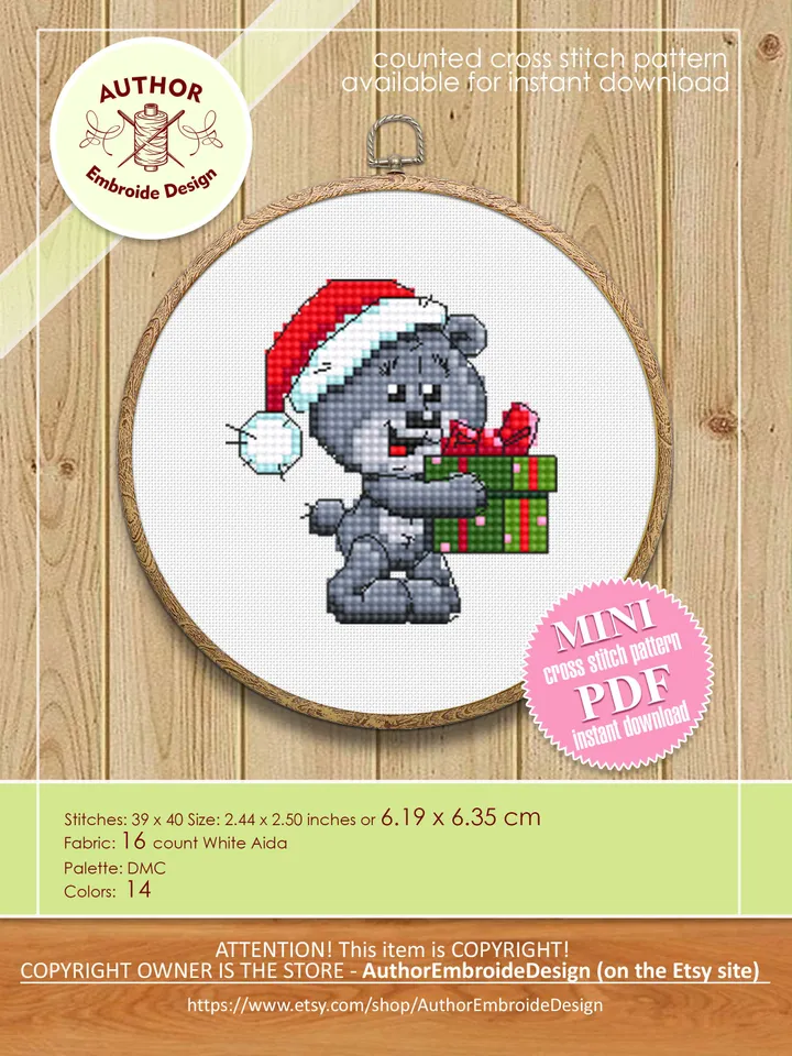 Small bear cross stitch pattern PDF, Christmas pattern digital download PDF, Cute bear cross stitch chart, DIY Christmas decoration #N55