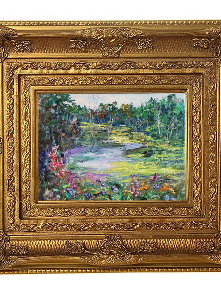 Pond Forest Flowers Oil Painting Landscape Impasto Original Artist Svinar Oksana