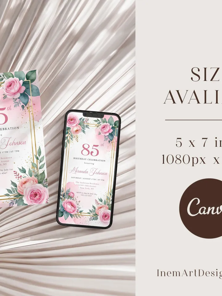 85th Birthday Invitation for Women – Pastel Dusty Pink Floral & Gold, Elegant Printable Party Invite for Grandma or Mom, Canva Template