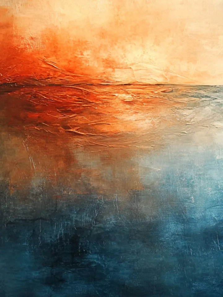 Hand-Painted Abstract Oil Painting | Modern Ocean Sunset Wall Art | Vibrant Orange and Blue Canvas Decor for Living Room and Office
