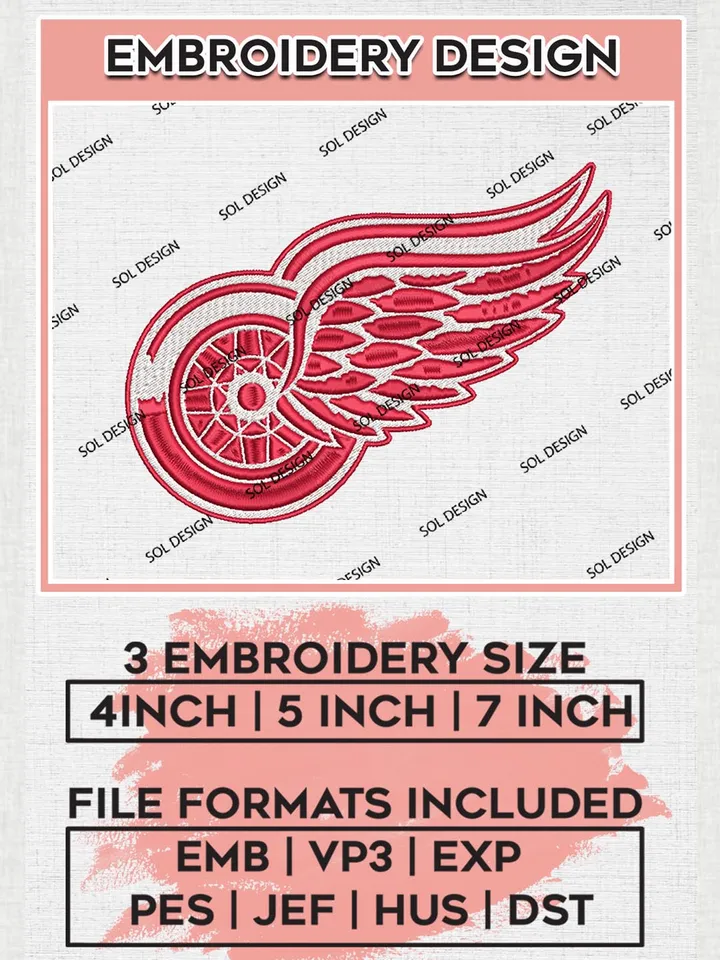 Detroit Red Wings Machine Embroidery Files, NHL Detroit Red Wings Embroidery Designs, NHL Detroit Logo, NHL Embroidery Design, Hockey Team, Digital Download