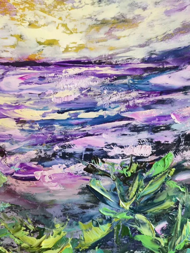 Palm Trees Sunset Sea Original Art Oil Painting Resort Rocks Artist Svinar Oksana