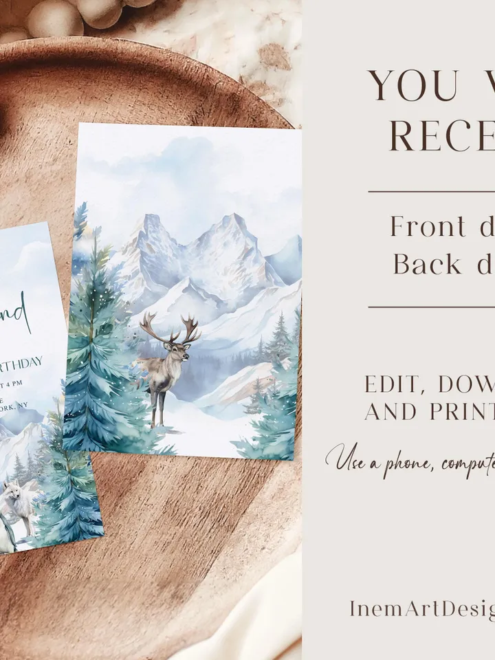 Winter Onederland Invitation | Wonderland Boy Girl First 1st Birthday Party Invite | Deer Arctic Animals Woodland Forest - I124