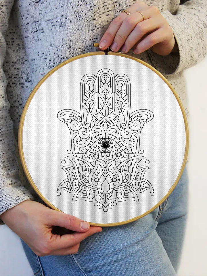 Hamsa hand with lotus flower blackwork pattern PDF Hand of fatima blackwork embroidery download PDF, Backstitch chart Hamsa charm #W27