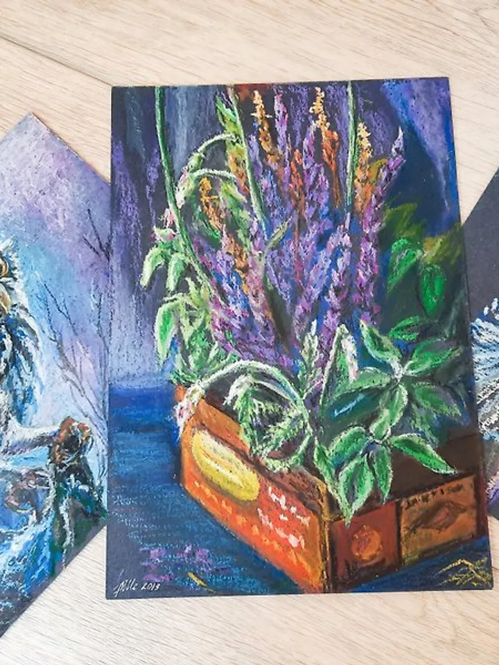 Lavender painting Oil pastel painting Still life Floral painting Original art