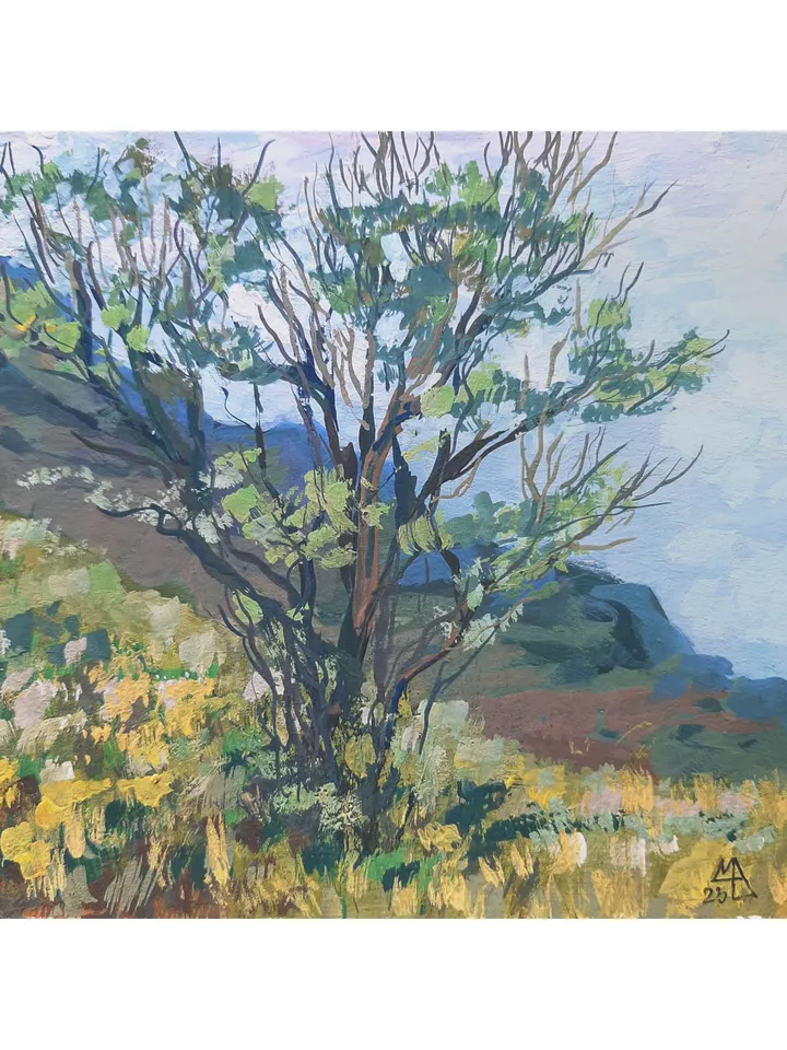 Tree Painting 5x7" Hill Landscape Small Artwork ORIGINAL Painting Impressionist Summer ART Signed by artist Marina Chuchko