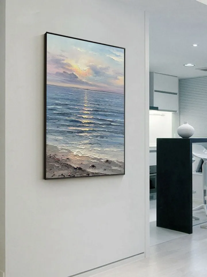Original Oil Painting on Canvas Sea Landscape Painting,Large Wall Sky Sea Painting,Sea Level Painting Of Sunrise Landscape Large Wall Art