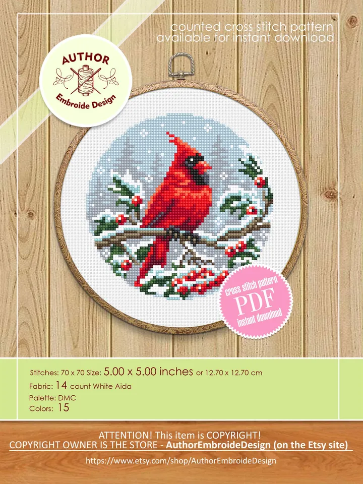 Set of 3 Winter birds cross stitch pattern PDF download Snow nature cross stitch chart, Christmas pattern digital PDF, Red Cardinal #K53