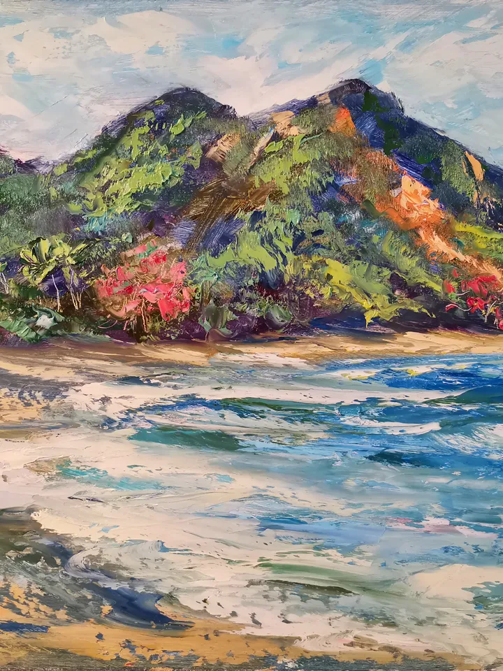 Palm Trees Ocean Mountains Sea Painting Original Oil Art Artist Svinar Oksana