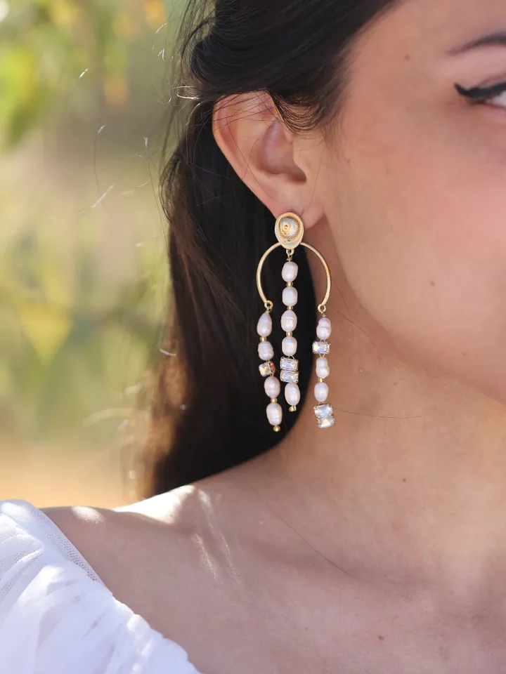 Art Deco Freshwater Pearl Wedding Earrings For Bride, Vintage Style Chandelier Statement Bridal Earrings, Boho Statement Wedding Jewelry