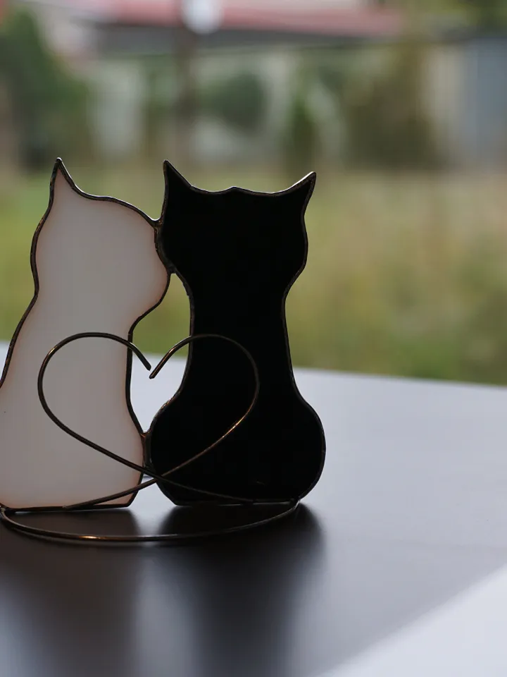 Couple in love Two Cats Stained glass hanging and standing on table , shelf sitters , Suncatcher black , white 2. Cute gift for animal lover