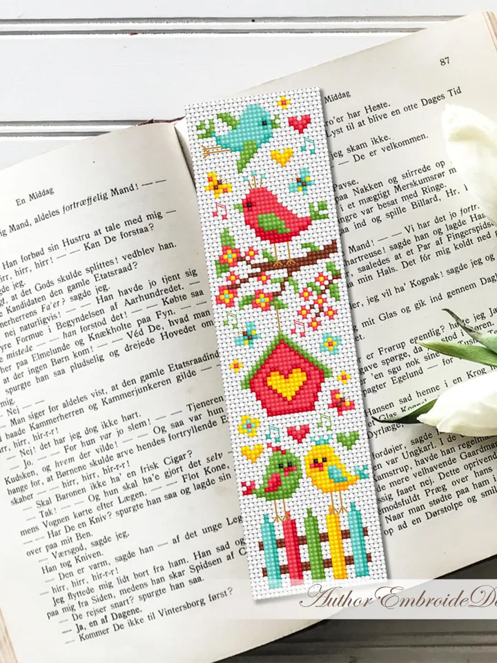 Spring bookmark cross stitch pattern PDF download Romantic love birds cross stitch chart, Bird bookmark pattern digital for beginner #B416