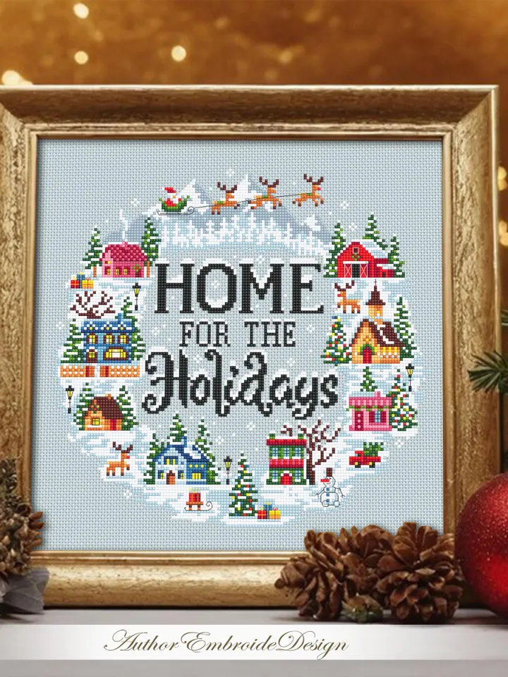 Christmas houses cross stitch pattern PDF download Home for the holidays, Winter landscape cross stitch, Christmas pattern digital PDF #N188